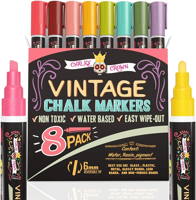 CHALKY CROWN Liquid Chalk Markers - Dry Erase Marker Pens - Chalk Markers for Chalkboards, Signs, Windows, Blackboard, Glass - Reversible Tip (8 Pack) (Vintage, 6mm) - Image 1